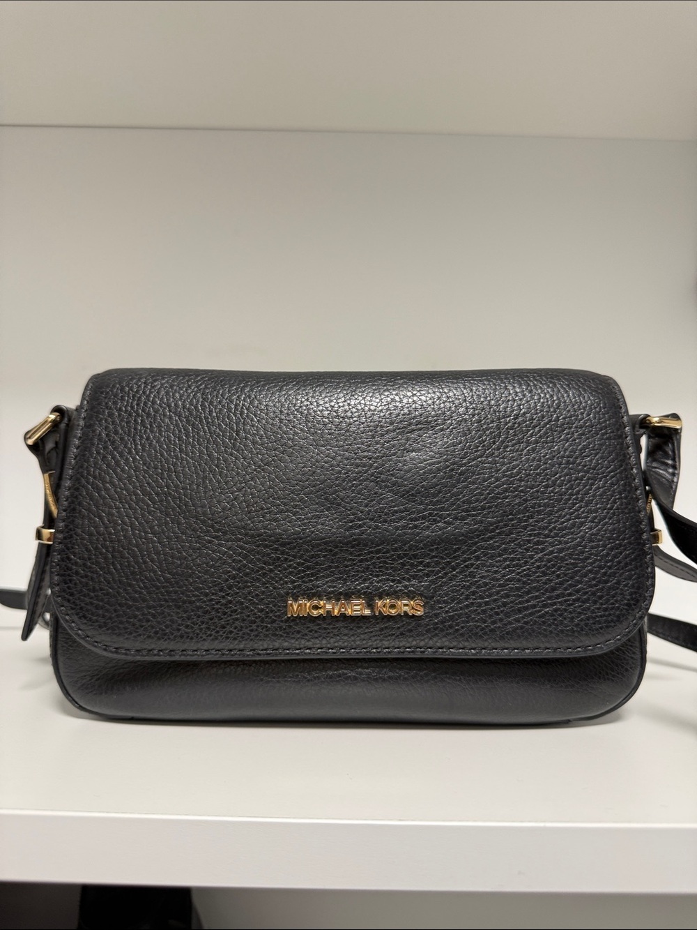 Michael Kors Black Pebbled Leather Flap Crossbody with Gold Logo